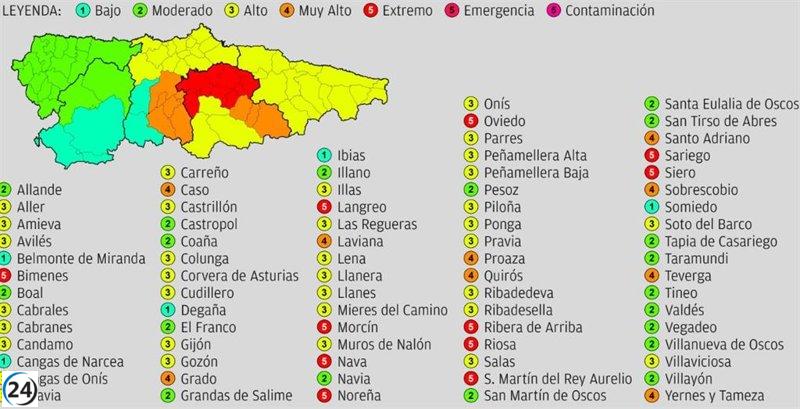 Este lunes, once municipios asturianos enfrentan un riesgo extremo de incendios forestales.