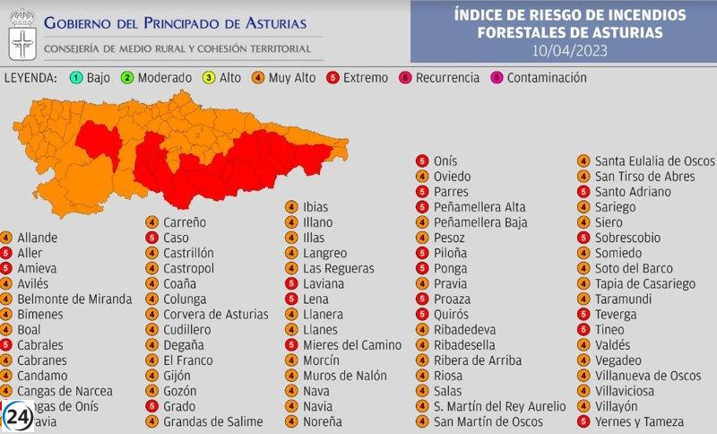 Alerta máxima de incendios en 21 localidades de Asturias debido a condiciones climáticas adversas